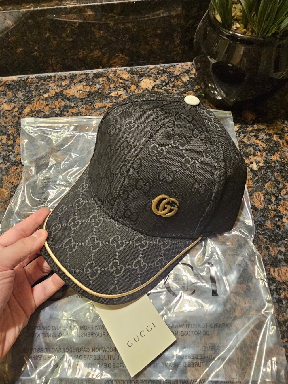 Gucci Black GG Monogram Baseball Cap with Gold Double-G